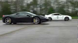 Ferrari 458 v Nissan GTR  1 mile drag race [upl. by Yorled]