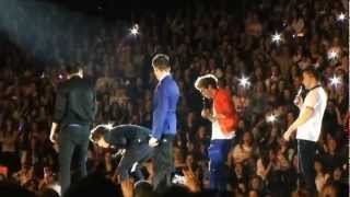 Harry Styles gets hit in the balls with a shoe on stage  One Direction TMH Tour Glasgow [upl. by Wickham]