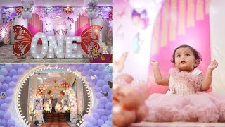 Krishas First Birthday  Highlights  Grand Birthday  Royal Decoration  Butterfly Cake  Theme [upl. by Hardman]