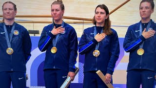 Olympic USA womens Team pursuit Cycling Indoor track win gold medal in Paris Summer Olympic [upl. by Enorel]