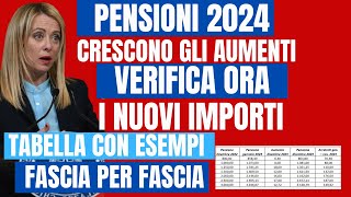 NUOVI AUMENTI DELLE PENSIONI DAL 2024 ‼️SCOPRI QUANTO con TABELLA ESEMPI FASCIA PER FASCIA📈💰 [upl. by Nelg]