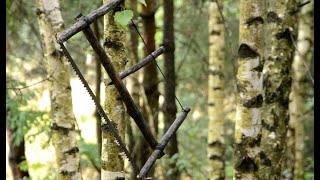 Making a Bucksaw Alone in the Woods  Bushcraft Rain Polish Lavvu Tarp Birchbark [upl. by Aleka]