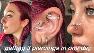 getting 3 piercings in one day  rook tragus amp nostril piercing [upl. by Mlawsky]