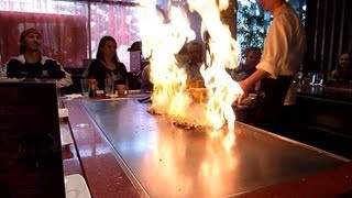 Chef Preparing Japanese TEPPANYAKI SALMON Flounder and Shrimp [upl. by Barbie]