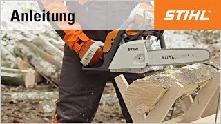 Brennholz sägen auf dem Sägebock  ansetzen mit einer STIHL Motorsäge [upl. by Gatias]