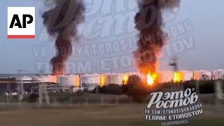 Fuel depot on fire after drone attack in Russia’s Rostov region [upl. by Gothart]