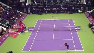 Sharapovas serve sends Serenas racket flying  Qatar Total Open 2013 Semifinal [upl. by Cerys565]