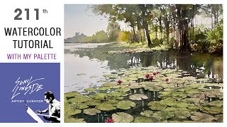 how to draw a watercolor landscape painting  water lilly pond  village scene  Sunil Linus De [upl. by Vinaya]