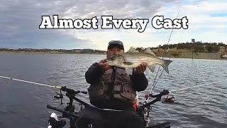 Every cast from Shore to Kayak  New Hogan Lake striper fishing  Insta360 x3 [upl. by Theurich]