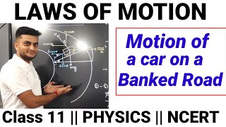 Motion of a car on a banked roadMaximum safe speedClass11NCERTLaws of motionPhysics [upl. by Craddock]