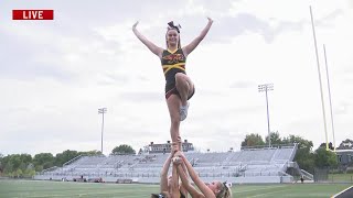 Ankeny Hawk Cheerleaders show their skills ahead game [upl. by Ateekan970]