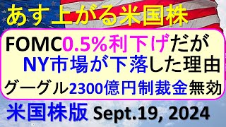 米国株の株式投資。FOMC05利下げでアメリカ市場が下落した原因と理由。グーグルの制裁金～あす上がる株米国版。Sept 19 2024。最新のアメリカ株価と株式投資。高配当株やデイトレ情報も [upl. by Fredek]