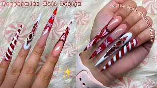 EXTRA LONG STILETTO POLYGEL NAILS PEPPERMINT CHRISTMAS NAILS  MAKARTT POLYGEL  Nail Tutorial [upl. by Yddub]