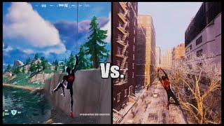 Fortnite web swinging Vs SpiderMan Miles Morales web swinging [upl. by Lord]