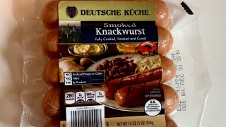 Aldi Knackwurst Review  Deutsche Küche Smoked Knackwurst  Knockwurst [upl. by Nyberg]