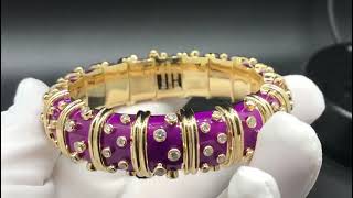 Tiffany 18k Yellow Gold Diamond amp Purple Enamel Schlumberger Bangle Bracelet [upl. by Welles]