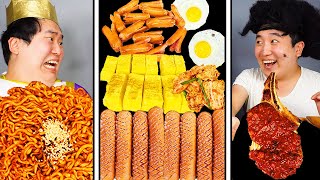 ASMR MUKBANG  Fire Noodles spam kimchi Giant Kielbasa sausage funny eating😂😂 [upl. by Ttnerb]