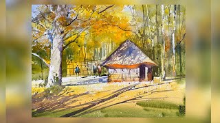 Easy Watercolor Painting Autumn Scene I Watercolour Painting I [upl. by Ellehcit]