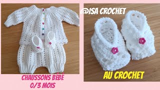 Tuto chaussons kimono pour bébé 03 mois au crochet facile et rapide isacrochet [upl. by Beitch]