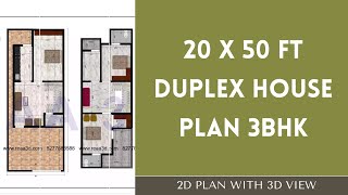 20 x 50 Duplex 3BHK House Plan  2050 house plan  20X50 Duplex House Plan with 3D [upl. by Rahs]