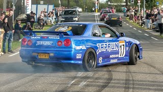 JDM Cars Leaving Go Japan 2023  BURNOUTS 1400HP GTR Pandem Skyline Top Secret Supra 1JZ Silvia [upl. by Nnyliram]