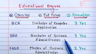 Full Form Of BA BBA BCA BSc MBA MCA BTech Mtech MBBS etc  Educational Degrees Full Form [upl. by Luann]