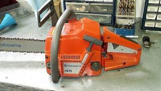 Husqvarna 45 Chainsaw Startup amp Test Cut [upl. by Akiemat]