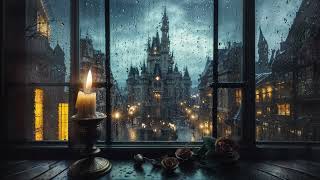 Magical Night Castle — Candle Light Ambiance by a Rain Streaked Window — Storm Rain Crackling Fire [upl. by Sutit]