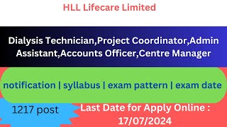 HLL Lifecare Limited  TechnicianCoordinatorAdmin Assistant Accounts Officer Centre Manager [upl. by Seitz]