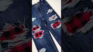 Customize your jeans for Fall patchworkjeans distressedjeans diyjeans buffaloplaid denimdiy [upl. by Nonez]