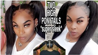 2 HIGH PONYTAILS with WEAVE super sleek FAKE BABY HAIRS [upl. by Ellenar]