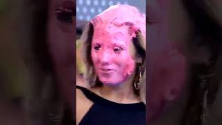 Hot girl gets pink pie smeared all over her hair short shorts shortvideo messy pie wam pied [upl. by Atsillac]