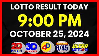 Lotto Result Today 9PM Draw October 25 2024  2D 3D Swertres 4D 645 658 PCSOlotto [upl. by Yehus559]