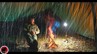 Down Pour  Covered Fire Camping in Heavy Rain  Thunderstorm Camping Adventure [upl. by Netfa]