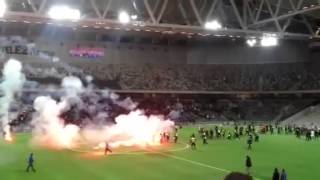 Hooligan riot on Pitch  Djurgarden vs Union Berlin 25012014  Pyro and Hools [upl. by Airretal]