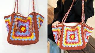 Big Granny Square Tote Bag  Free Pattern [upl. by Yelrahs73]