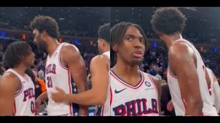 Tyrese Maxey to Joel Embiid after their big win in New York Game 5 win over the Knicks [upl. by Yecad]