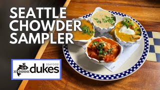 Seattle Chowder Sampler amp Salmon Sliders at Dukes Seafood Greenlake • Seattle Seafood [upl. by Sredna]