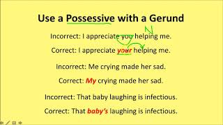 Possessive Use with Gerunds  Grammar Lesson [upl. by Horton]