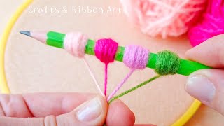 Super Easy Woolen Flower Making Trick Using Pencil  Hand Embroidery Amazing Flower Design [upl. by Namialus]