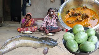 MAGUR FISH curry with BRINJAL cooking by tribal grandma amp grandpamango curryparents rural cook [upl. by Aehcsrop]