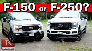 Ford F150 vs F250  HalfTon or HD We Compare Towing Payload MPG amp More [upl. by Will]