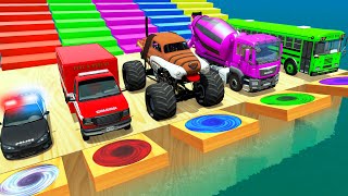 Monster Trucks Potholes Flatbed Long Trailer Truck Car Rescue  Cars vs Deep Water [upl. by Florin]