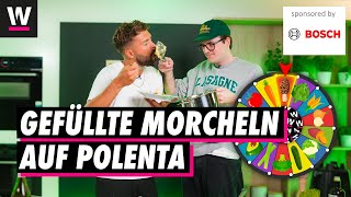 Gefüllte Morcheln auf Polenta Rezept  Gemüseroulette mit Nico und Noah Bachofen [upl. by Ilojne29]