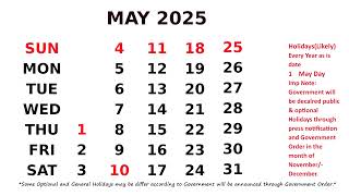 May Calendar 2025 [upl. by Iram]