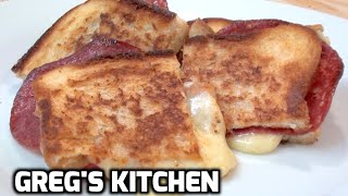 CRISPY SALAMI AND CHEESE TOASTED SANDWICH  Gregs Kitchen [upl. by Ydualc]