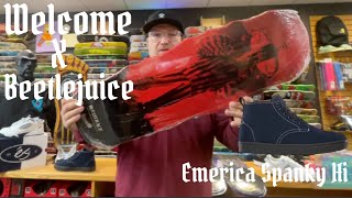 Welcome Skateboards X Beetlejuice Emerica Footwear Spanky Hi skate shop Review Skateboard Unboxing [upl. by Feinstein334]