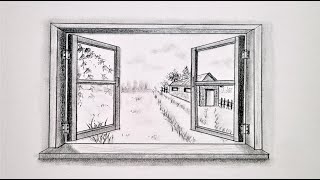 How to draw in one point perspective a window scenery step by step [upl. by Lynad]