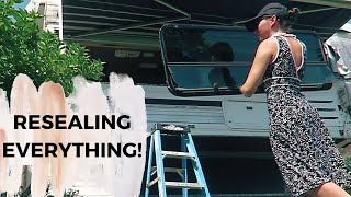 RESEALING Windowsamp Hatches Removing Old Silicone  Truck Camper Restoration 18 [upl. by Kelton]