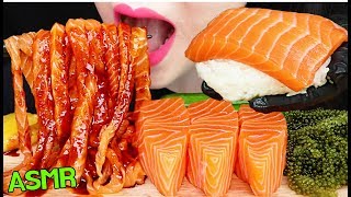 ASMR SALMON NOODLES  FIRE SAUCE GIANT SALMON SUSHI SASHIMI SEA GRAPES 연어 국수  불닭소스 바다포도 먹방 [upl. by Alleacim]